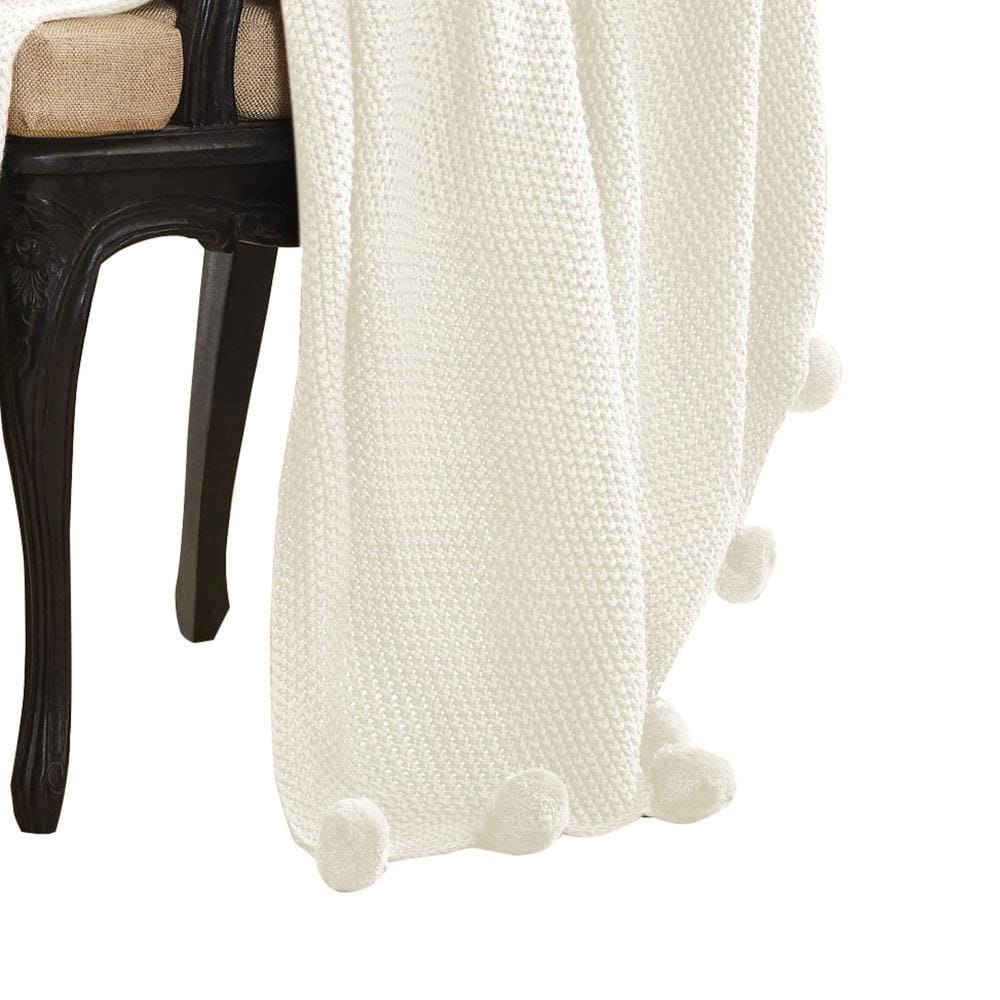 Veria Throw Blanket with Knitting and Pom Pom Detail The Urban Port White By Casagear Home BM242785