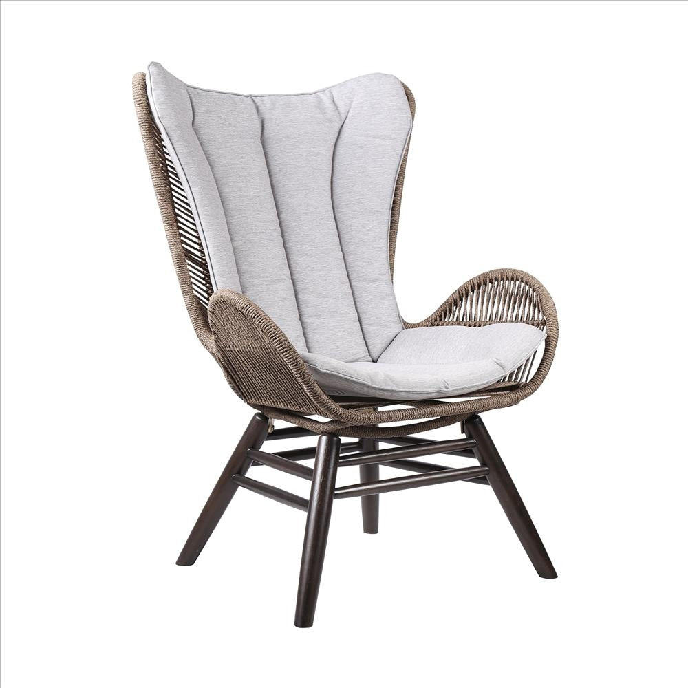 Indoor Outdoor Lounge Chair with Intricate Rope Woven Wingback, Brown By Casagear Home