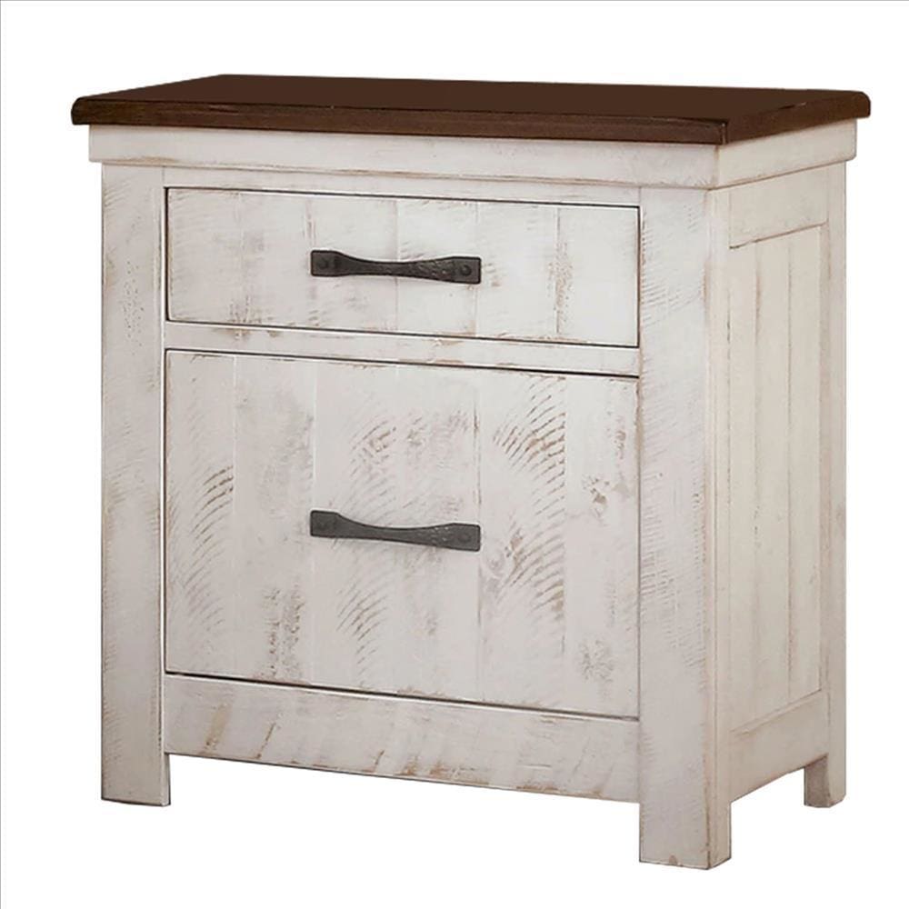 Nightstand with Plank Design 2 Drawers and USB Plugs, White and Brown By Casagear Home