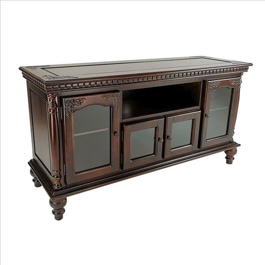 TV Stand with 4 Glass Doors and Turnip Feet, Brown By Casagear Home
