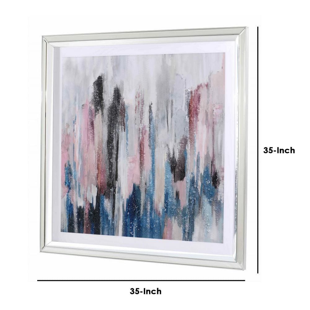 Wall Art with Abstract Design and Acrylic Mirror Frame Silver and Blue By Casagear Home BM245844