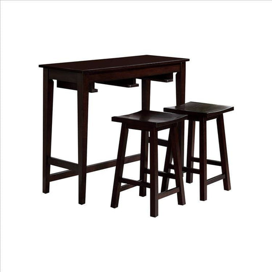 3 Piece Bar Table Set with Contoured Seat,  Espresso Brown By Casagear Home