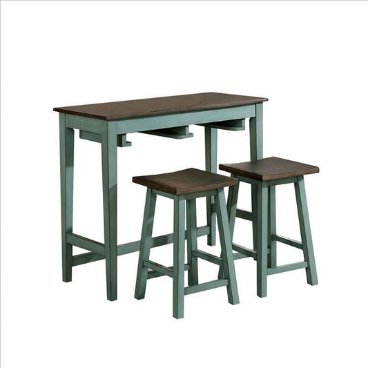 3 Piece Bar Table Set with Contoured Seat, Antique Blue and Brown By Casagear Home