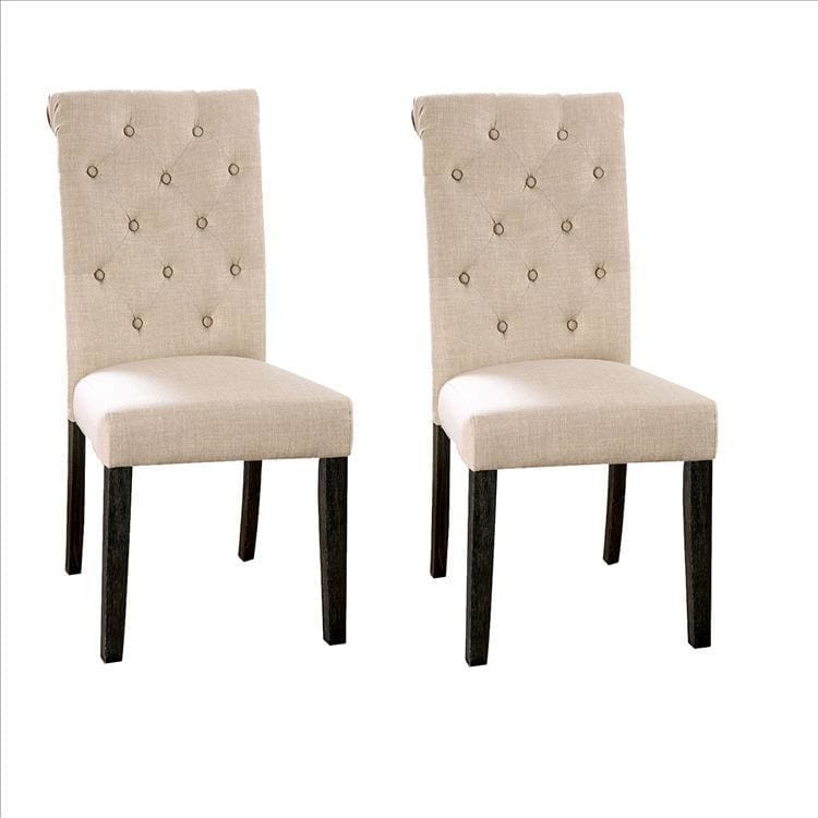 Side Chair with Rolled Button Tufted Back, Set of 2, Beige By Casagear Home