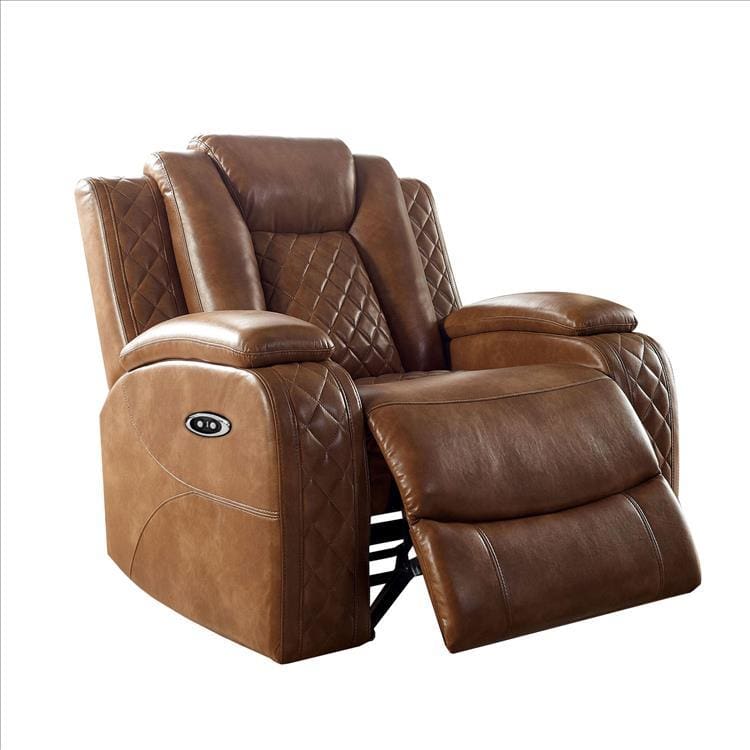 Leatherette Power Recliner with Stitched Diamond Pattern, Brown By Casagear Home