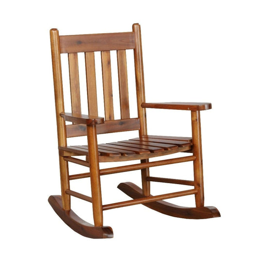 Rocking Chair with Slatted Design Back and Seat, Brown By Casagear Home