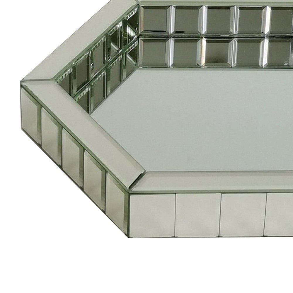 Tray with Hexagonal Beveled Mirror Panel Framing Clear By Casagear Home BM246103