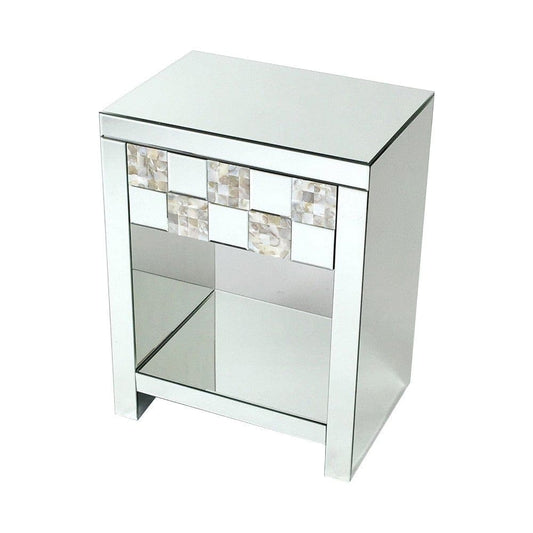Mirrored End Table with 1 Drawer and Open Shelf, Silver By Casagear Home
