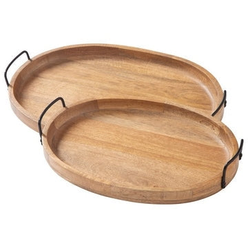 Liora 2 Piece Tray Set | Oval Wood | Sleek Handles | Brown