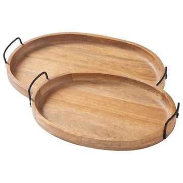 Tray with Wooden Oval Shape and Sleek Handles, Set of 2, Brown By Casagear Home