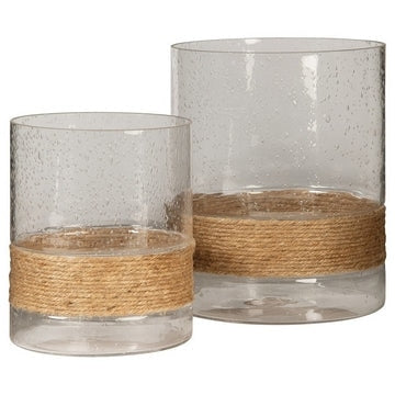 Liora 2 Piece Candle Holder Set | Seeded Glass | Rope Accent