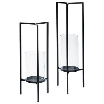Candle Holder with Metal Frame Encasing Glass Hurricane, Set of 2, Black By Casagear Home