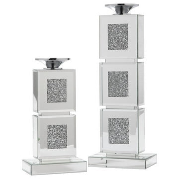 Mirrored Candle Holder with Stacked Cubes and Crystals, Set of 2, Silver By Casagear Home