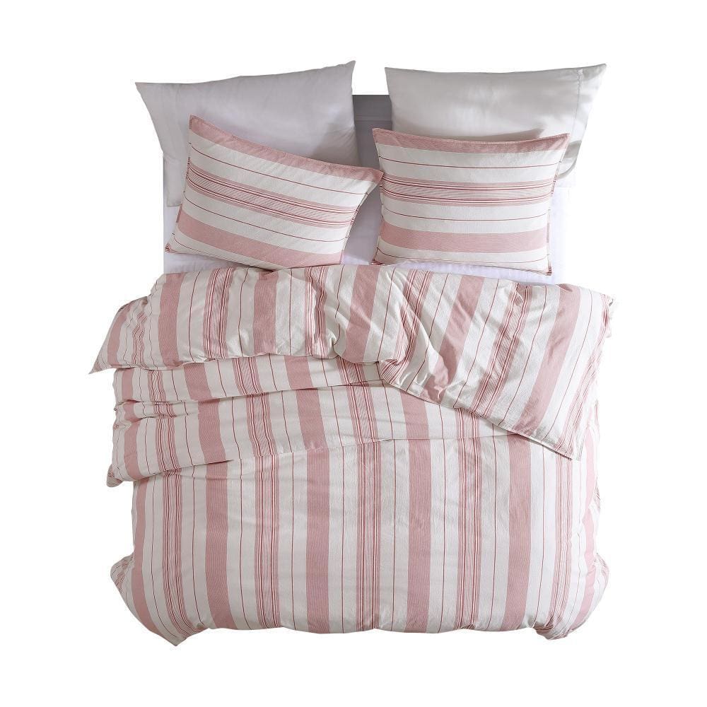 3 Piece Queen Comforter Set with Vertical Stripes Pattern White and Pink By Casagear Home BM246983