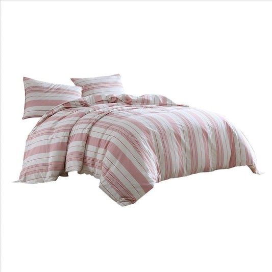 3 Piece Queen Comforter Set with Vertical Stripes Pattern, White and Pink By Casagear Home