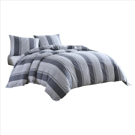 3 Piece Queen Comforter Set with Broad Stripes, Gray By Casagear Home