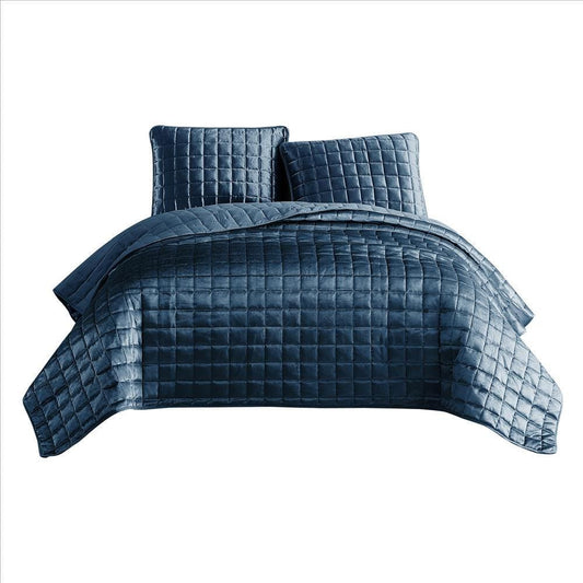 3 Piece King Coverlet Set with Stitched Square Pattern, Blue By Casagear Home