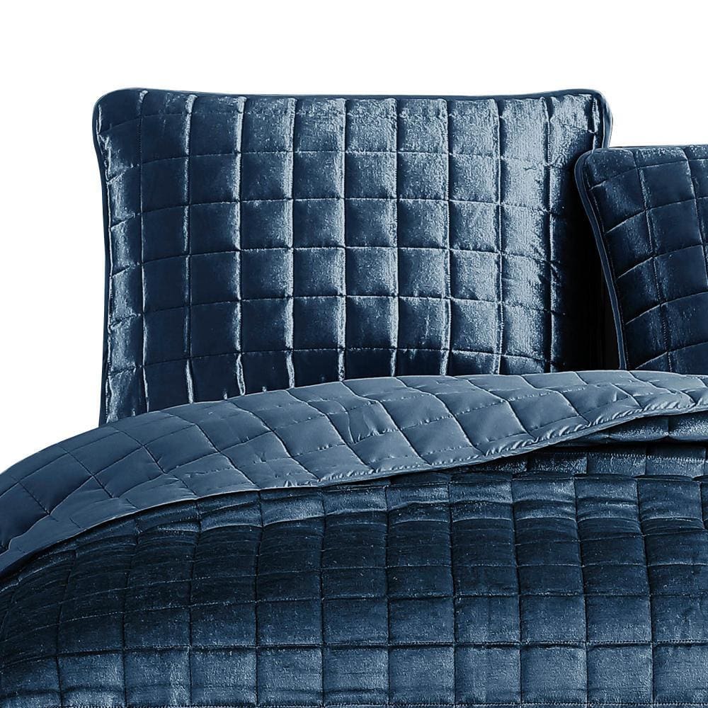 3 Piece King Coverlet Set with Stitched Square Pattern Blue By Casagear Home BM246987