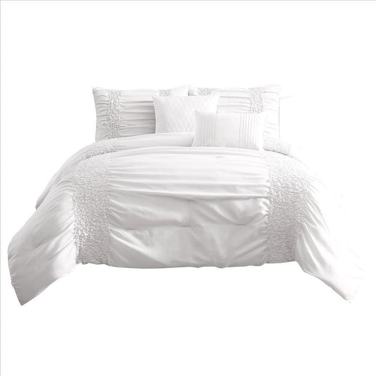 4 Piece Twin Comforter Set with Ruching Details, White By Casagear Home