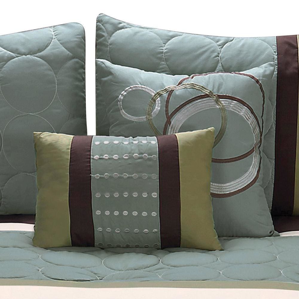 6 Piece Queen Comforter Set with Pleats and Embroidery Green and Blue By Casagear Home BM246996