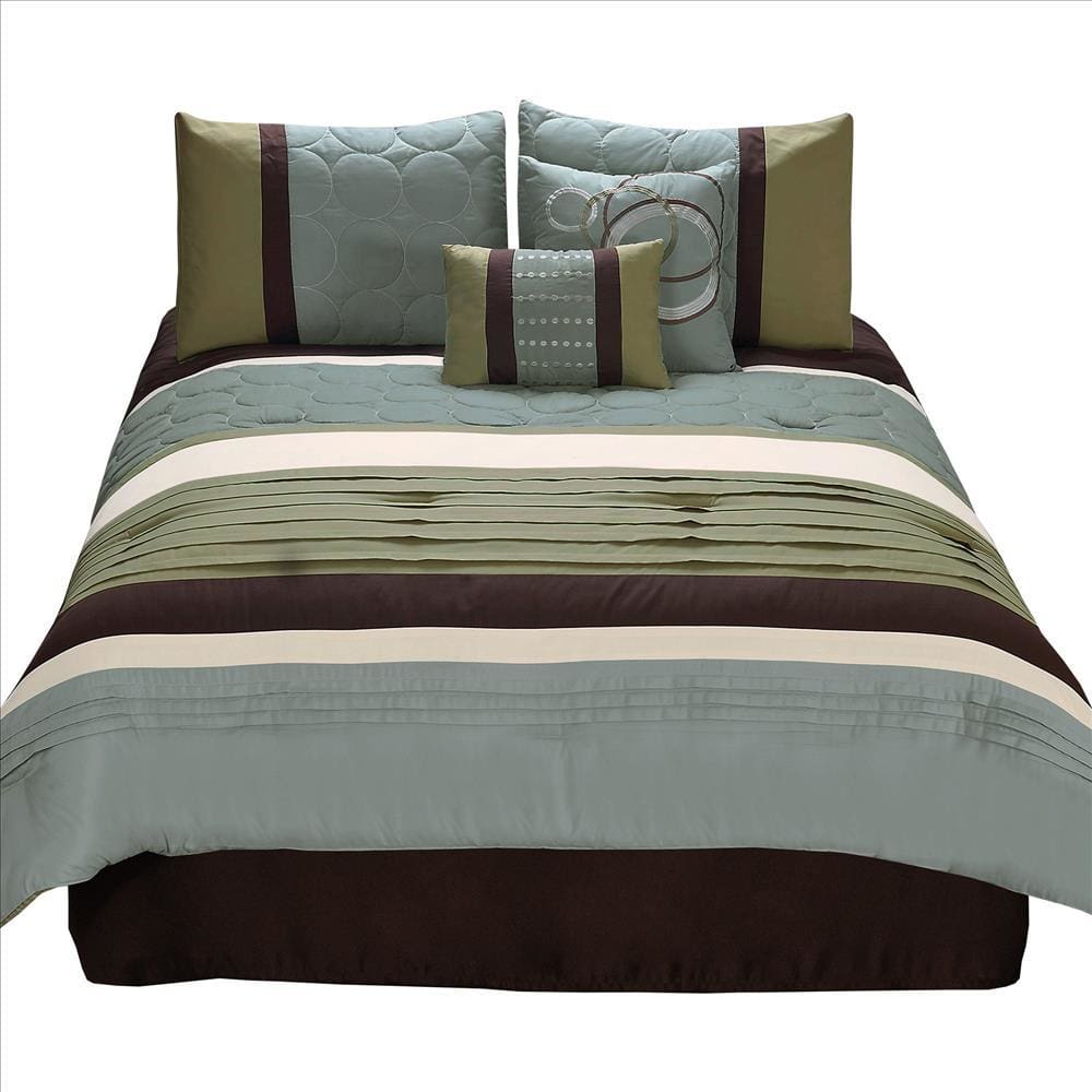 Veria 6 Piece Queen Comforter Set | Pleats | Embroidery | Green | Blue