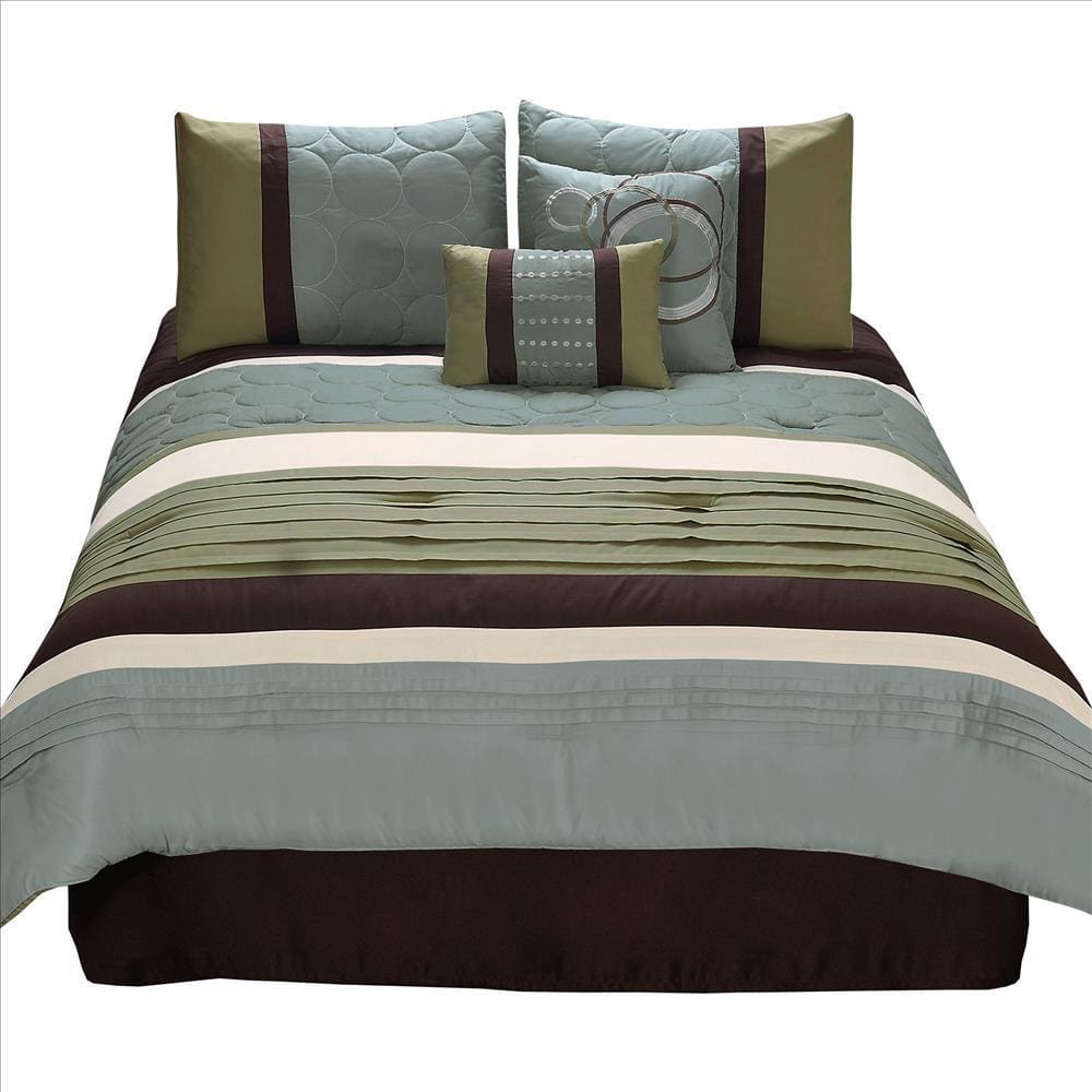 Veria 6 Piece King Comforter Set | Pleats | Embroidery | Green | Blue