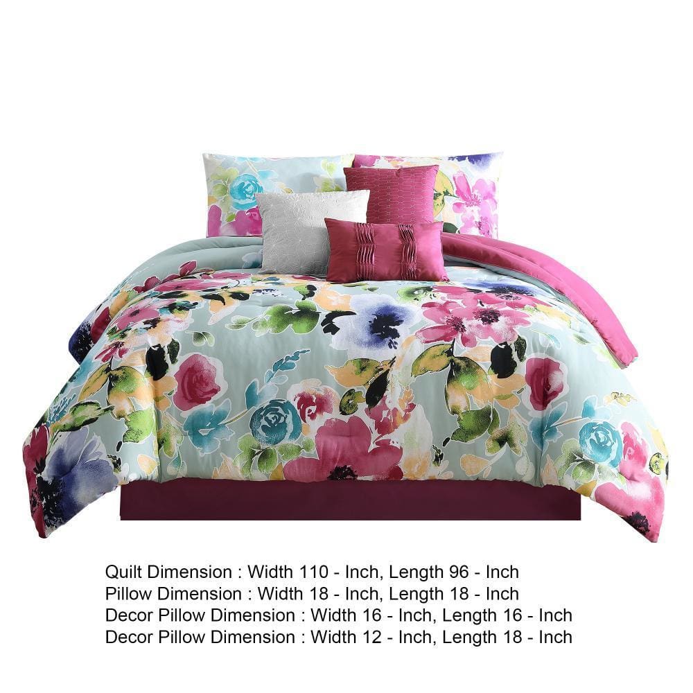 7 Piece King Comforter Set with Bright Floral Print Multicolor By Casagear Home BM247007