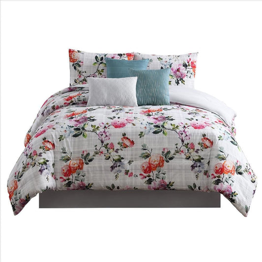 7 Piece Queen Comforter Set with Watercolor Floral Print, Multicolor By Casagear Home