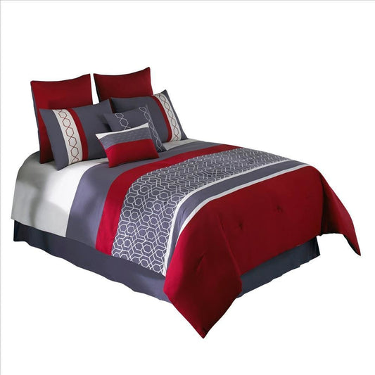 8 Piece King Comforter Set with Printed Trellis Pattern, Red By Casagear Home