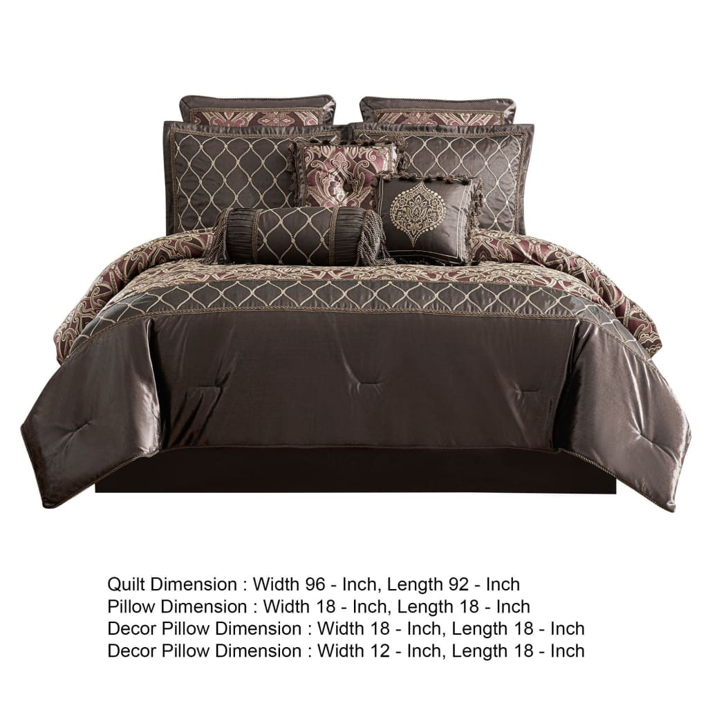 9 Piece Queen Comforter Set with Geometric Print Brown By Casagear Home BM247027