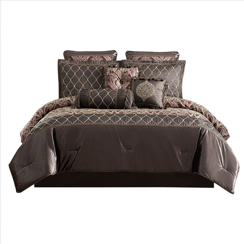 9 Piece Queen Comforter Set with Geometric Print, Brown By Casagear Home