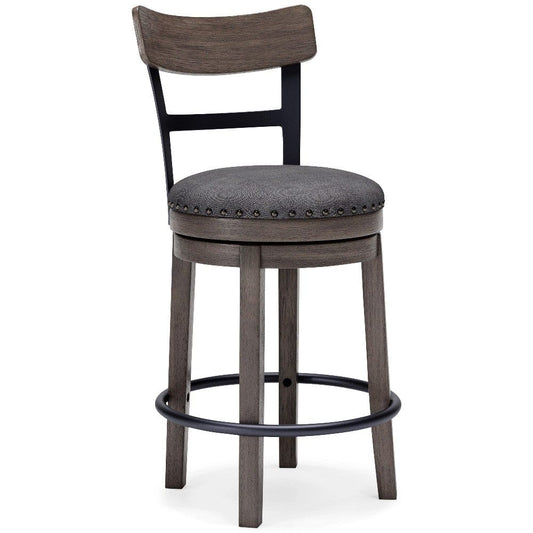 Swivel Barstool with Nailhead Trim and Curved Panel Back, Gray By Casagear Home