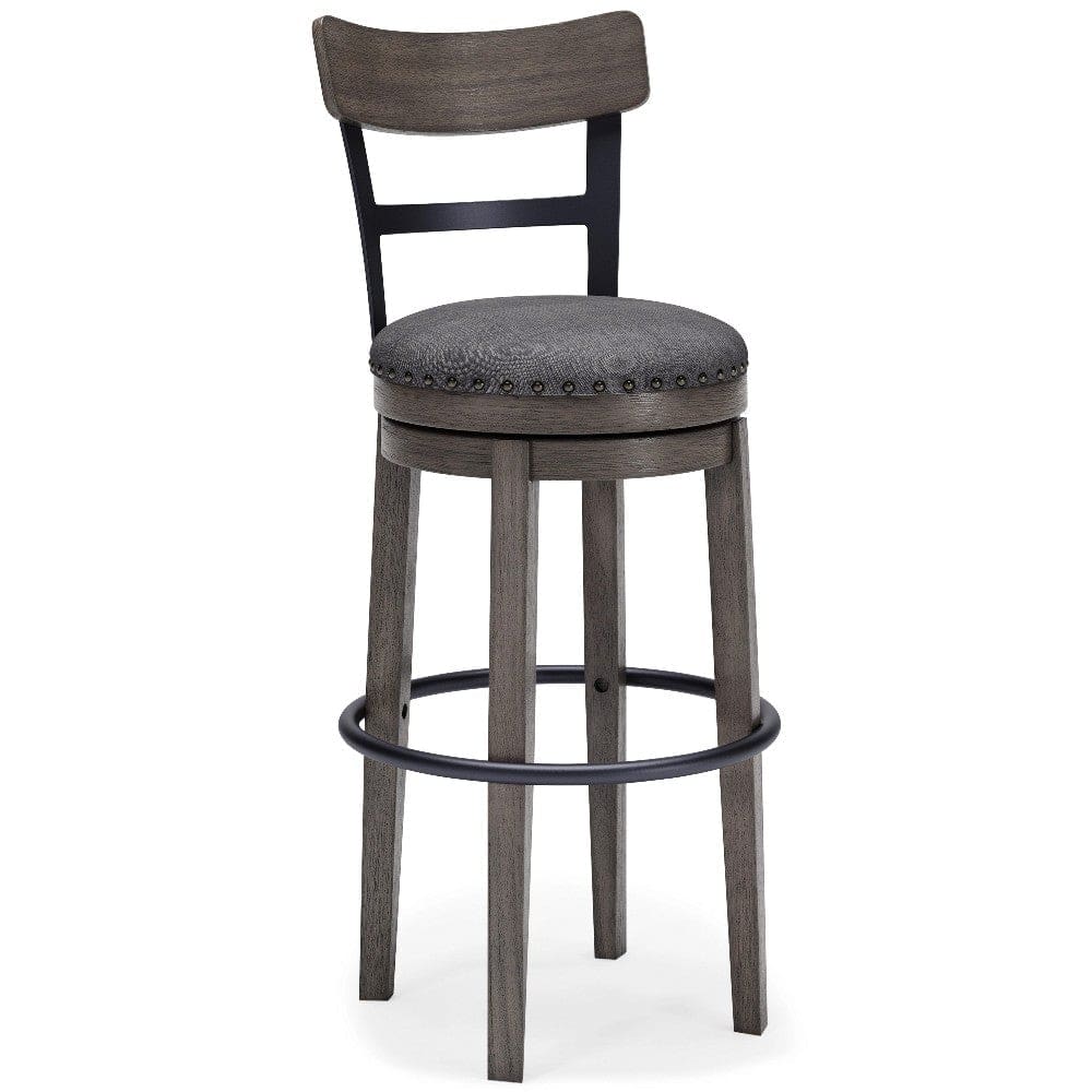 Swivel Barstool with Nailhead Trim and Curved Panel Back, Tall, Gray By Casagear Home