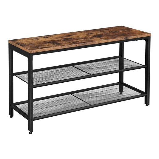 Wooden Shoe Bench with 2 Open Mesh Shelves, Brown and Black By Casagear Home