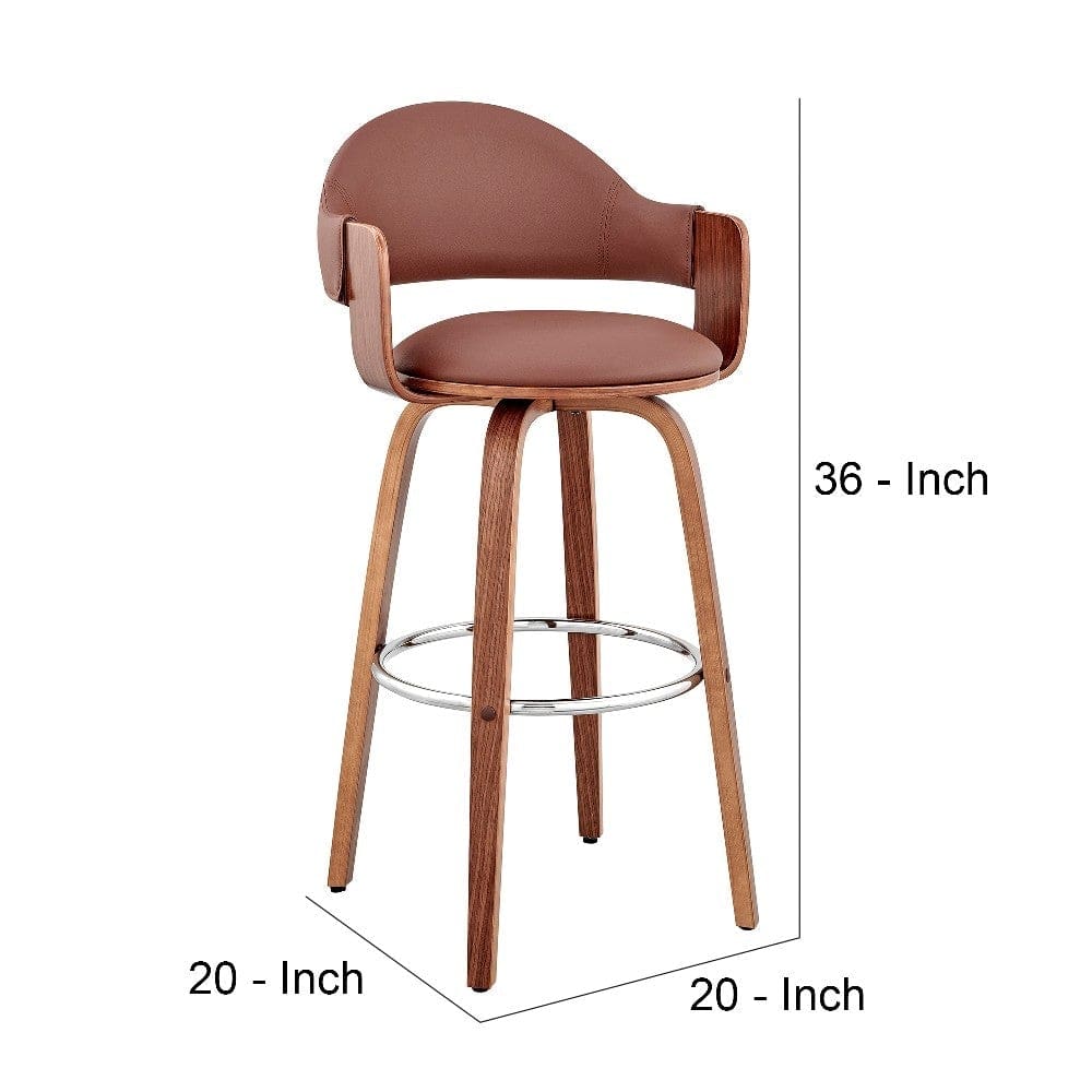 26 Inch Leatherette Barstool with Curved Cushioned Back Brown By Casagear Home BM248264