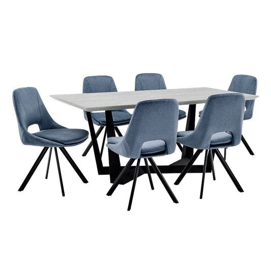 7 Piece Dining Table and Fabric Chairs, Blue and Gray By Casagear Home