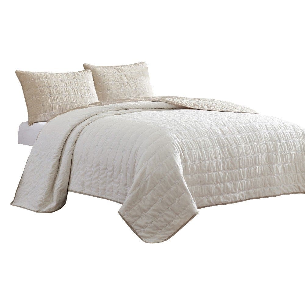 Veria 3 Piece King Quilt Set | Channel Stitching | Cream | Beige