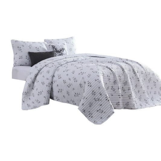 Veria 5 Piece King Quilt Set with Floral Print The Urban Port, White and Gray By Casagear Home