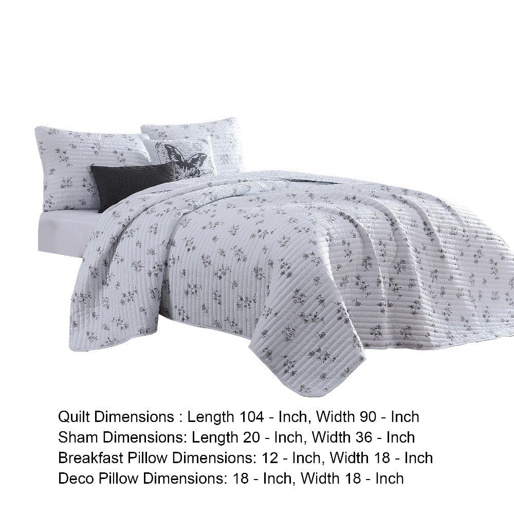 Veria 5 Piece King Quilt Set with Floral Print The Urban Port White and Gray By Casagear Home BM250009