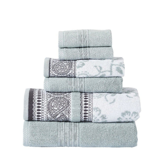 Veria 6 Piece Towel Set with Paisley and Floral Pattern, Sage Blue By Casagear Home