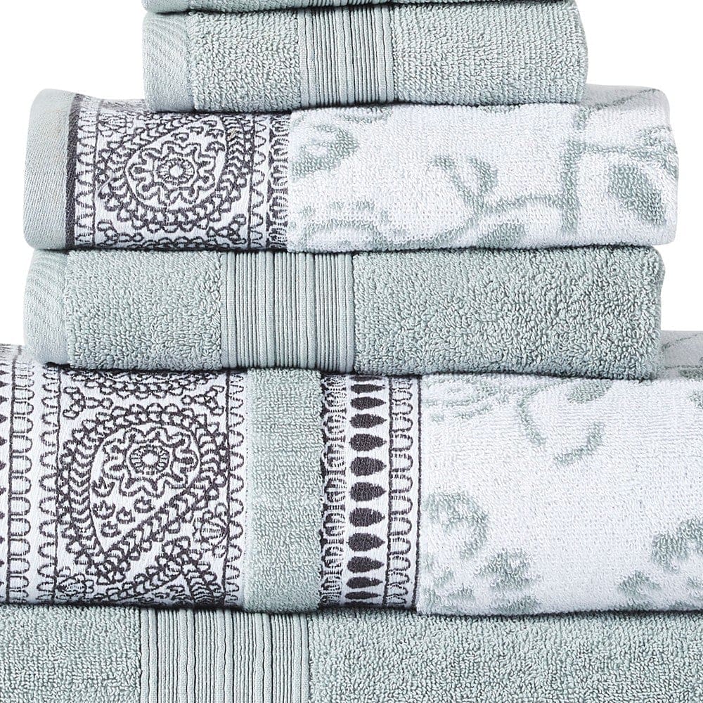 Veria 6 Piece Towel Set with Paisley and Floral Pattern The Urban Port Sage Blue By Casagear Home BM250061