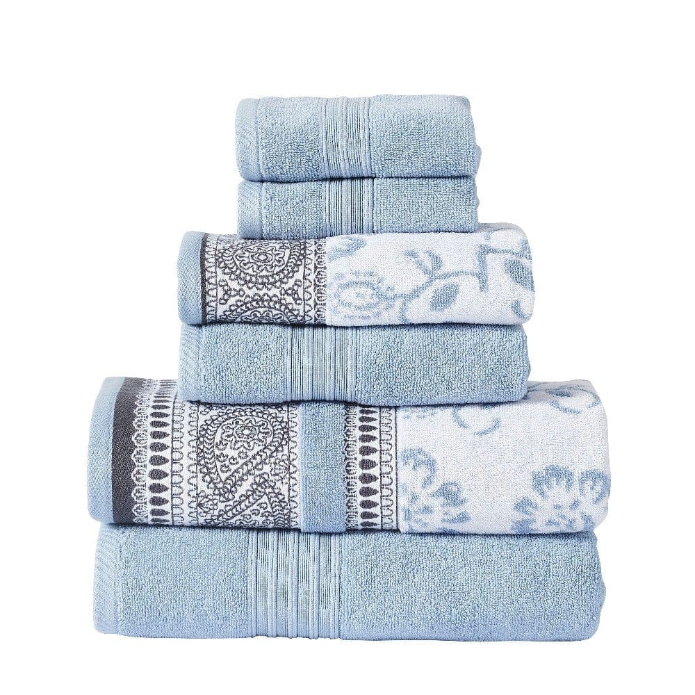 Veria 6 Piece Towel Set with Paisley and Floral Pattern The Urban Port, Blue By Casagear Home