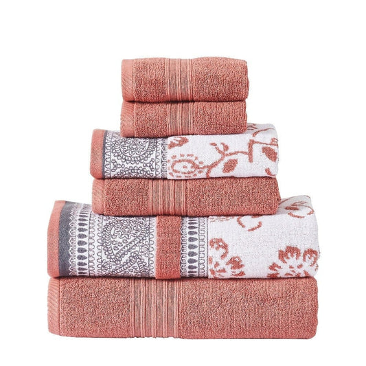 Veria 6 Piece Towel Set with Paisley and Floral Pattern The Urban Port, Peach By Casagear Home