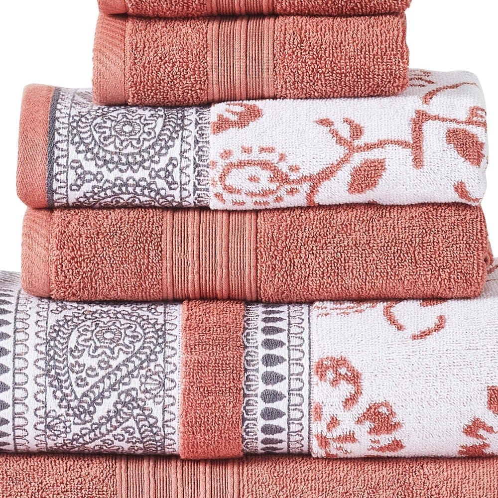 Veria 6 Piece Towel Set with Paisley and Floral Pattern The Urban Port Peach By Casagear Home BM250063