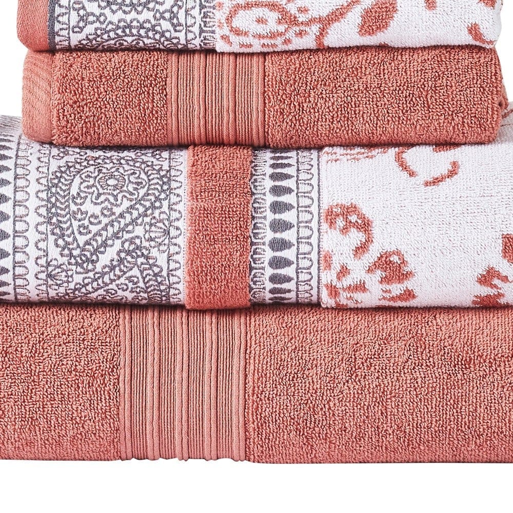Veria 6 Piece Towel Set with Paisley and Floral Pattern The Urban Port Peach By Casagear Home BM250063