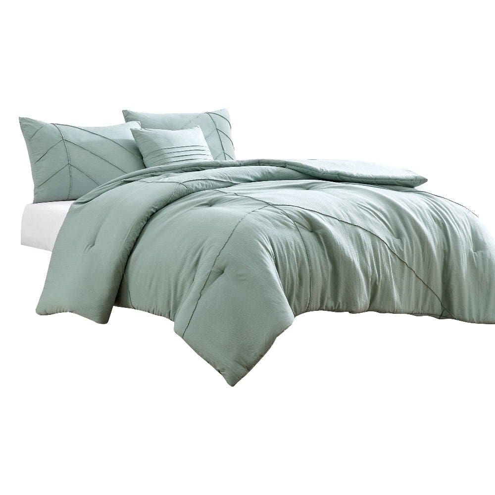 Veria 5 Piece King Comforter Set with Leaf Vein Stitching The Urban Port, Green By Casagear Home