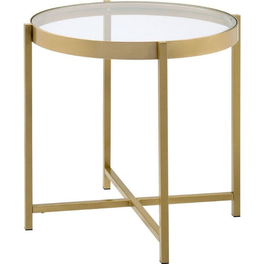 End Table with Round Glass Top and Metal Frame, Gold By Casagear Home