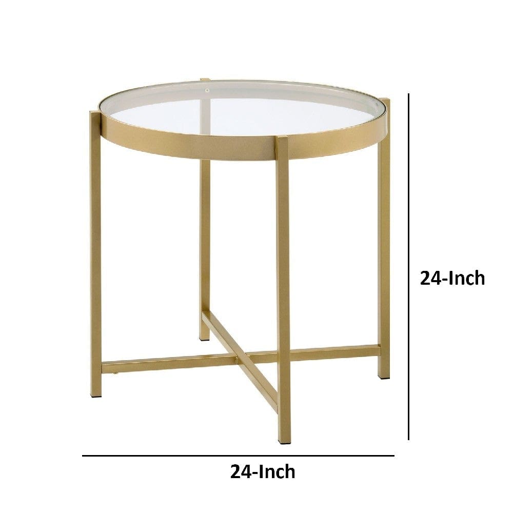 End Table with Round Glass Top and Metal Frame Gold By Casagear Home BM250228