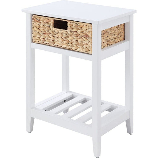 MDF Accent Table with Rattan Storage Basket and Slatted Shelf, White By Casagear Home
