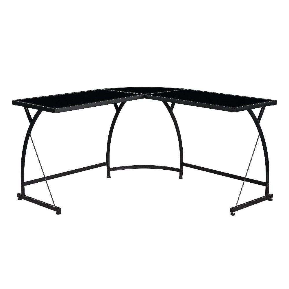 L Shaped Writing Desk with Glass Top and Curved Metal Frame, Black By Casagear Home